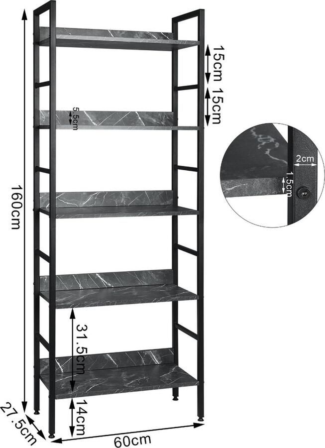 Bolt Edge Boekenkast Industrieel Zwart Grijs Marble look 5 lagen 60x27.5x160cm