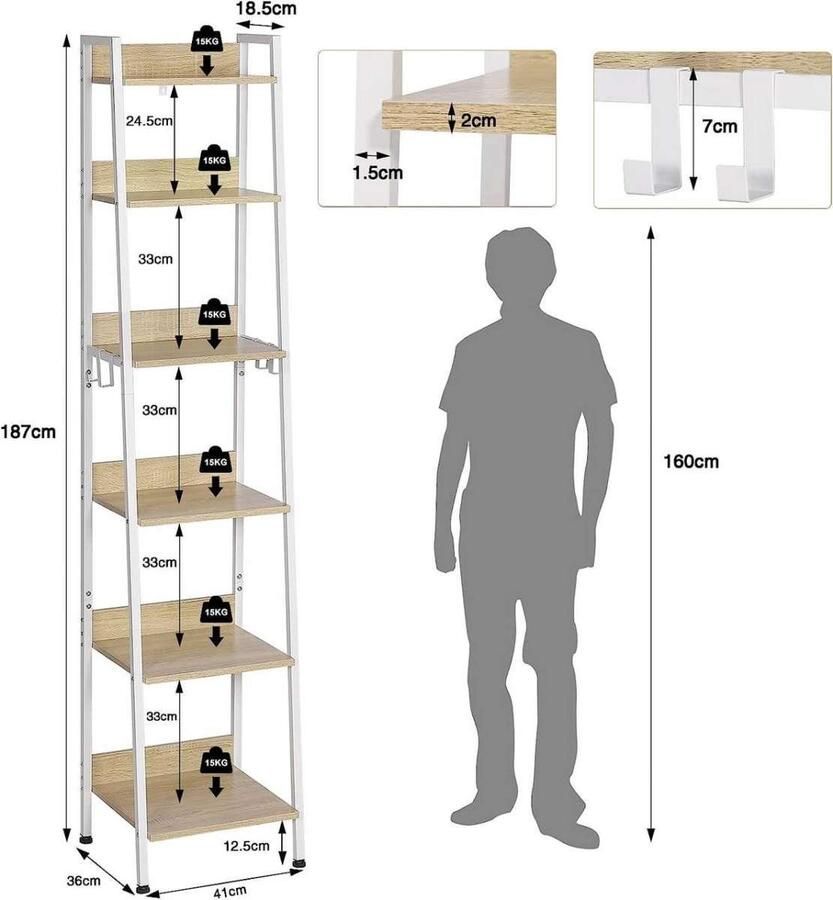 Bolt Edge Boekenkast Wit Oak Industrieel 6 lagen 41x187x36cm