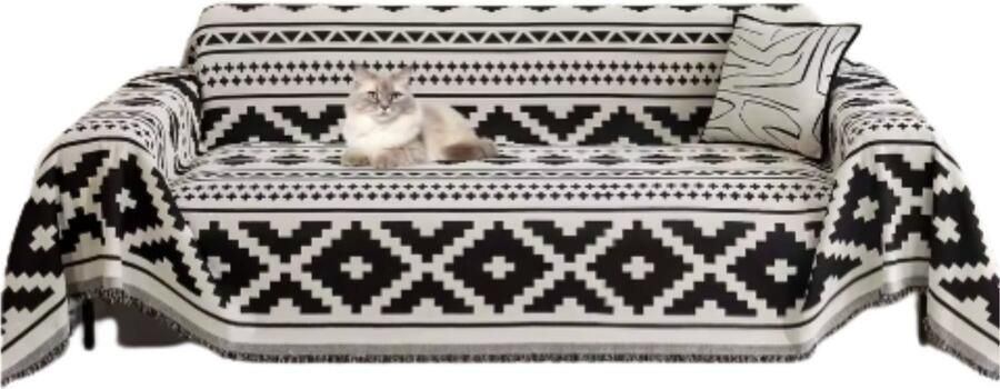 Bolt Edge Boho Bankhoes Bankbeschermer 180x340cm Zachte chenille Geruit design Zetelhoes Zetelovertrek Zwart