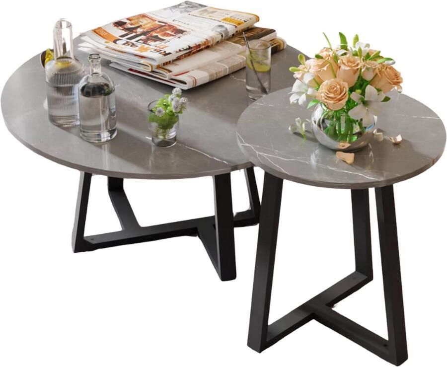 Bolt Edge Delunce salontafel Set van 2- Voor Woonkamer & Lounge Moderne Ronde Accenttafels Grijze Gesinterde Steen