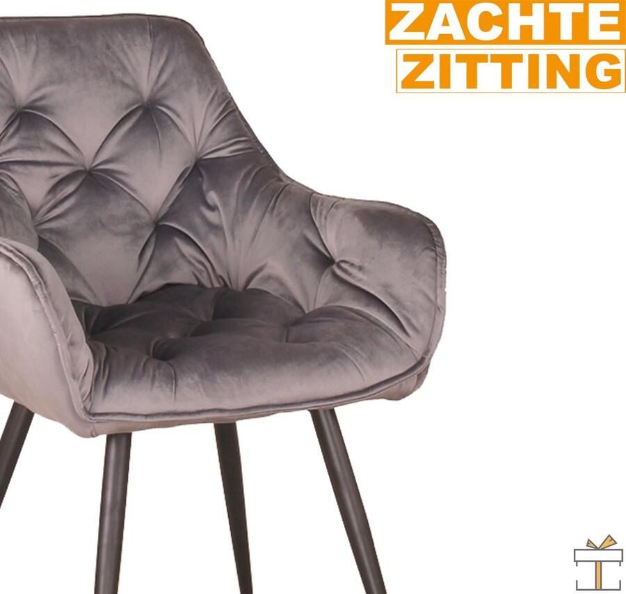 Bolt Edge Eetkamerstoelen Grijs Fluweel Set van 2 Fauteuil Kuipstoel Keukenstoel