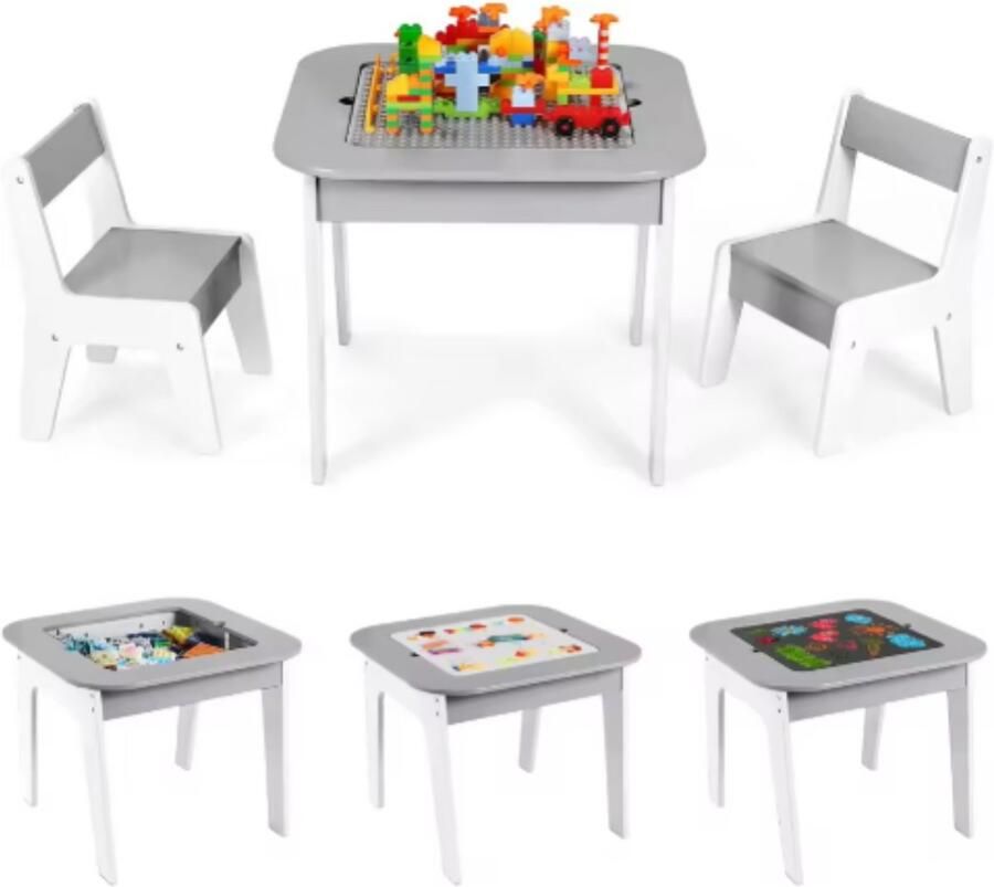 Bolt Edge Kindertafel Speeltafel- Voor Kinderen & Kleuterschool Kindertafel en stoeltjes 3-in-1 Speeltafel Met Tekenbord Opbergruimte & 2 Stoelen Grijs