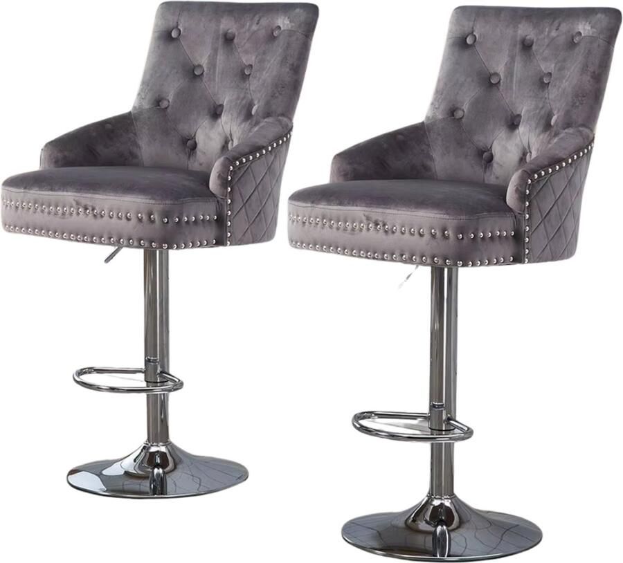 Bolt Edge Luxe Barkrukken Set van 2 Met rugleuning Grijs Velvet Verstelbaar Voor Keuken Bar of woonkamer Draaibaar