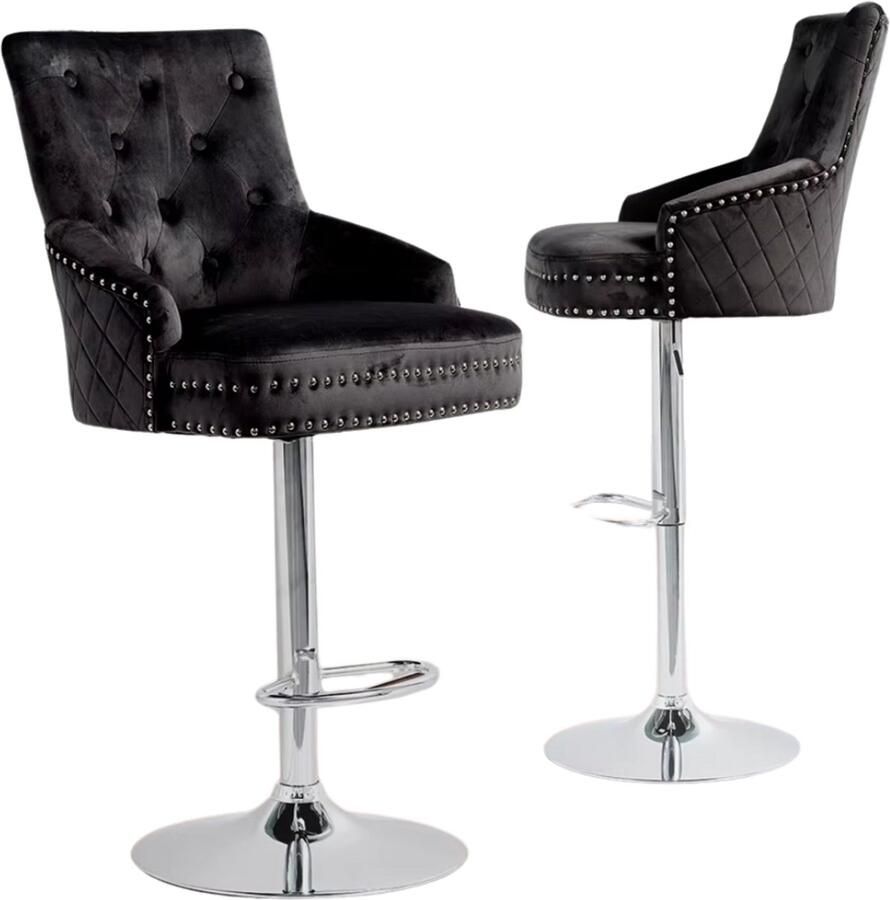 Bolt Edge Luxe Barkrukken Set van 2 Met rugleuning Zwart Velvet Verstelbaar Voor Keuken Bar of woonkamer Draaibaar