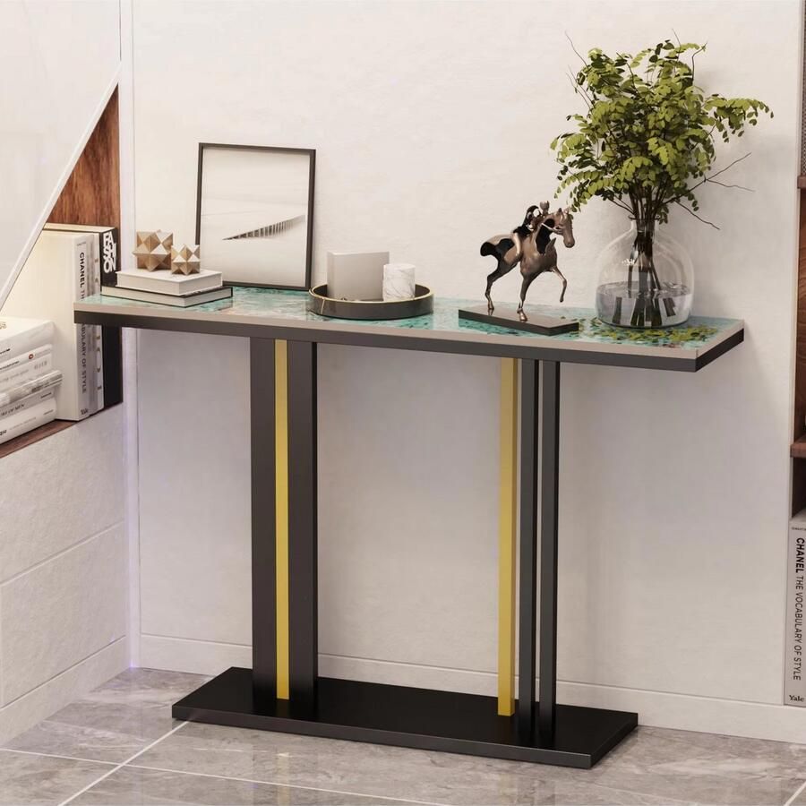 Bolt Edge Moderne consoletafel Wandtafel met lades Zwart en wit Marmerlook Haltafel Sidetable 118cm