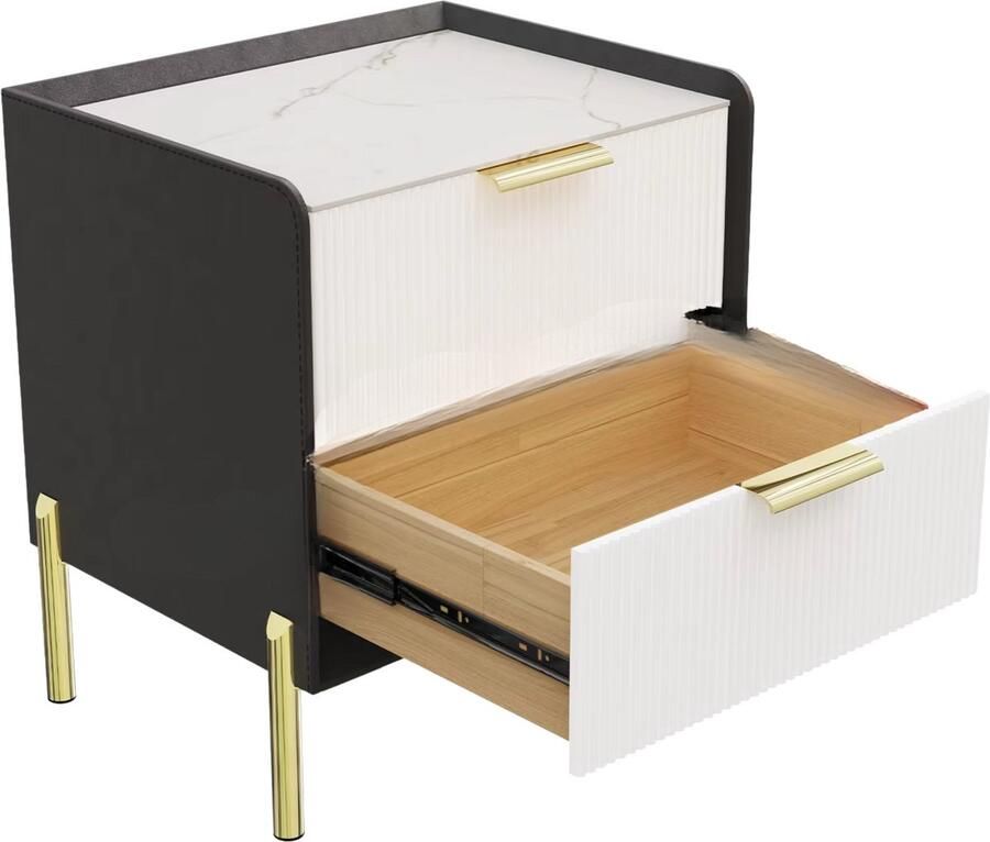 Bolt Edge Nachtkastje met 2 Laden Gouden Metalen Poot en Marmeren Tafelblad Bijzettafel voor Sofa of Einde Tafel