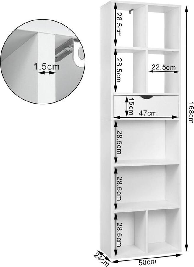 Bolt Edge Open Boekenkast 9 Vakken 1 Lade Wit Houten Boekenkast 50 x 24 x 168cm