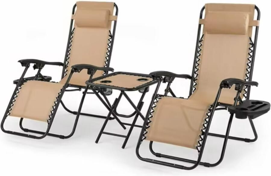 Bolt Edge Opvouwbare stoel verstelbare stalen gaas Zero Gravity lounge stoel Fauteuils met kussens en bekerhouder Beige 2 Stuks