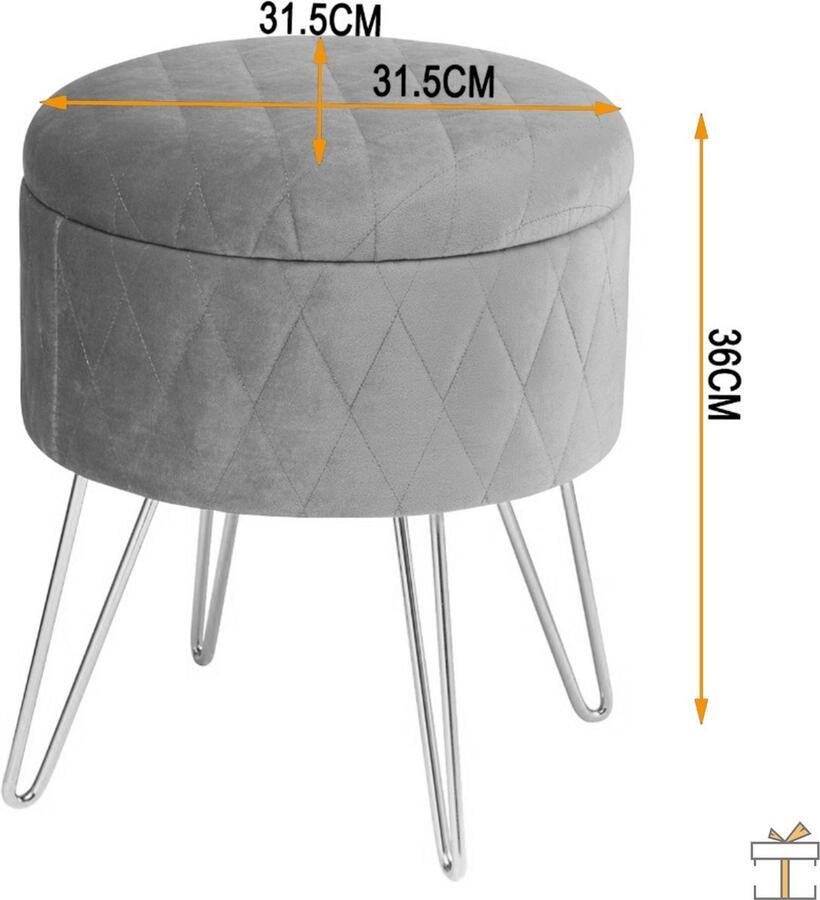 Bolt Edge Ronde Poef Lichtgrijs Velvet Zitkist met Opbergruimte 39.5x39.5x40cm Hocker