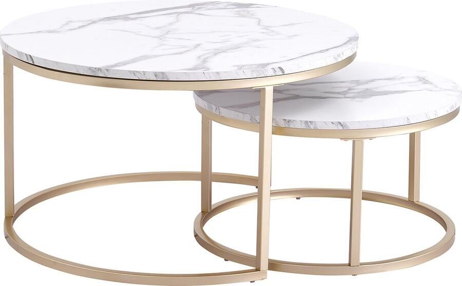 Bolt Edge Salontafel Wit Goud Marmour look Rond Set van 2 80 en 60cm