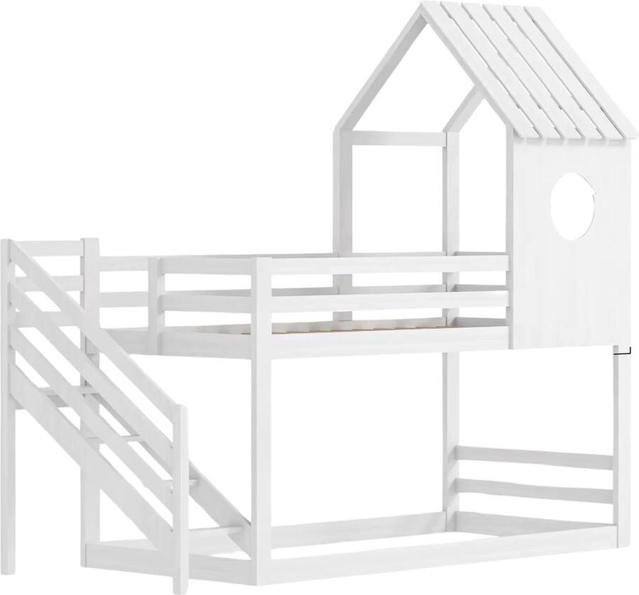 Bolt Edge Stapelbed 200 x 90 cm Voor Kinderen 2 kinderbedden Hoogslaper Met Hoektrap valbeveiliging en raam Peuterbed