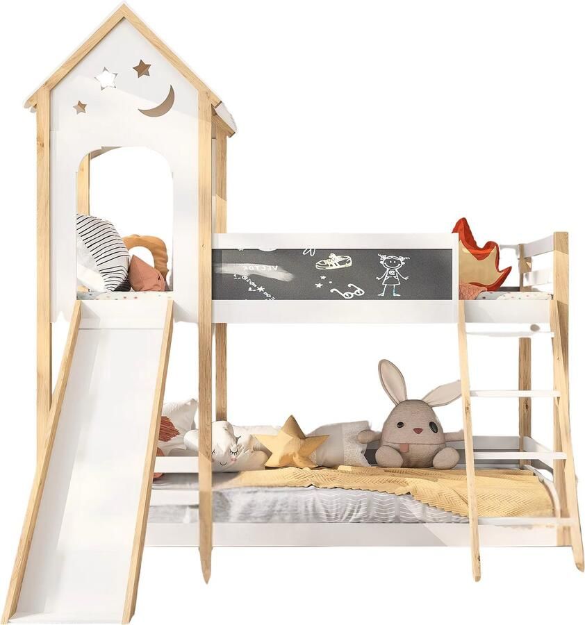 Bolt Edge Stapelbed voor kinderen Met glijbaan 90x200 cm 2 kinderbedden Met Hoektrap valbeveiliging en raam Peuterbed