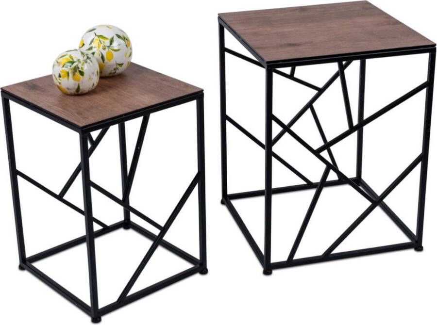 Boltze Bijzet tafel 2set Smeedijzer 32x46cm 40x53cm Krasvrij glasplaat Houtnerf bruin Zwart Bruin