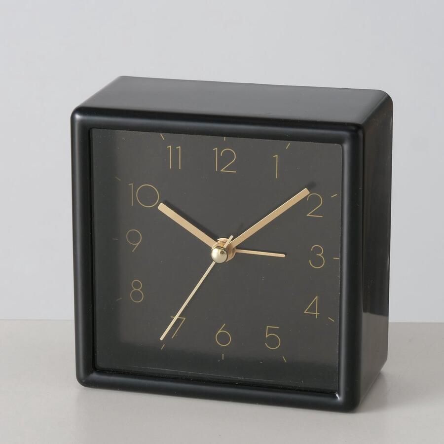 Boltze Reiswekker klok Slaapkamer tafel klokje Tafelklok Zwart Goud 9.5x9.5x4.5cm. Unic