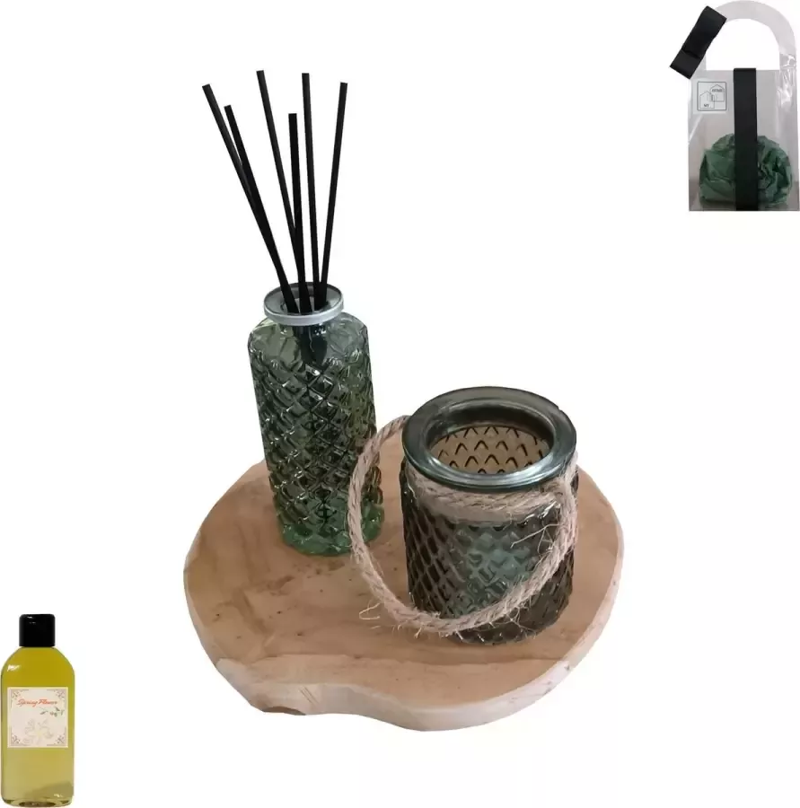 Boltze home collections Decoratieset Windlicht Jasmijn & Magnolia Houten Onderbord Tafel accessoires Woondecoratie Geur olie Geur verspreider Huisparfum Geurstokjes Diffuser Aroma Interieurparfum Aromatherapie Etherische oliën Kerst Gift set