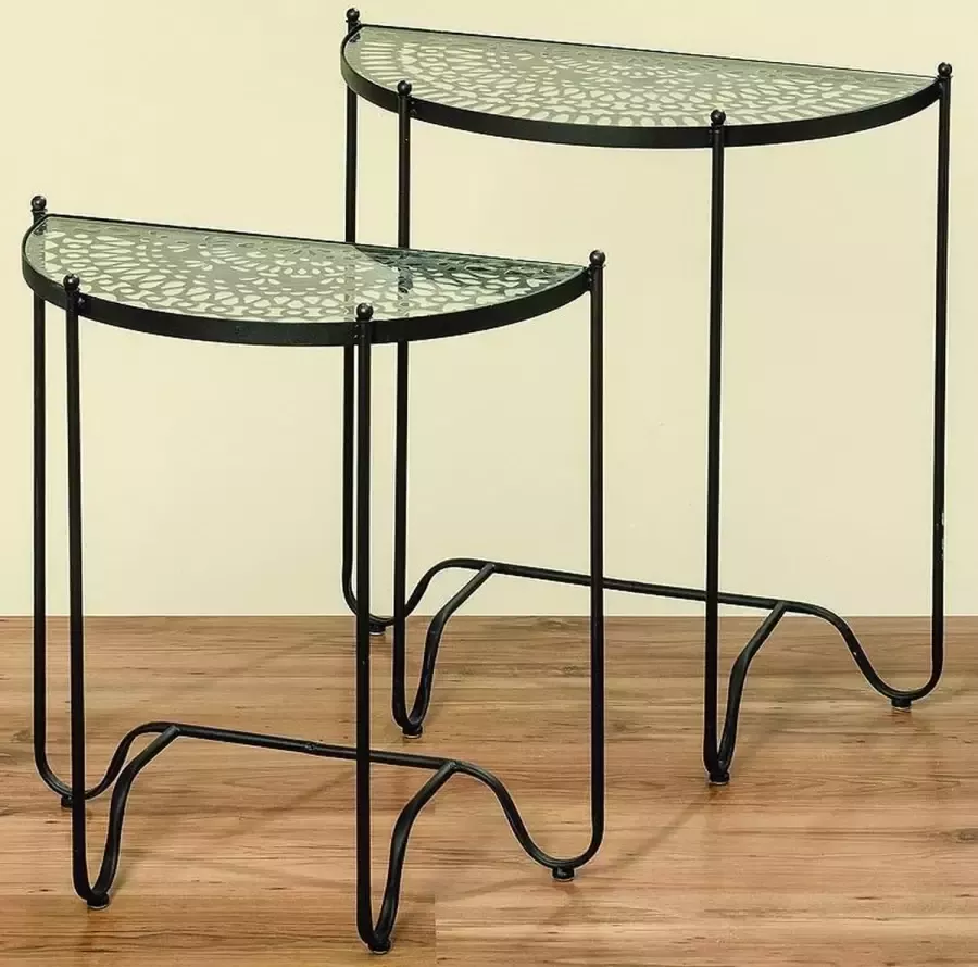 Boltze Tafel 2 set Zwart Smeedijzer 65 cm 75 cm Half Rond Glasplaat