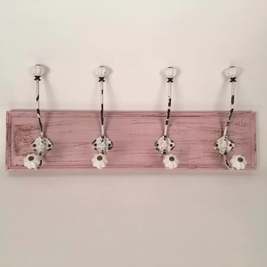 Boltze Vintage roze houten kapstok 4 haken