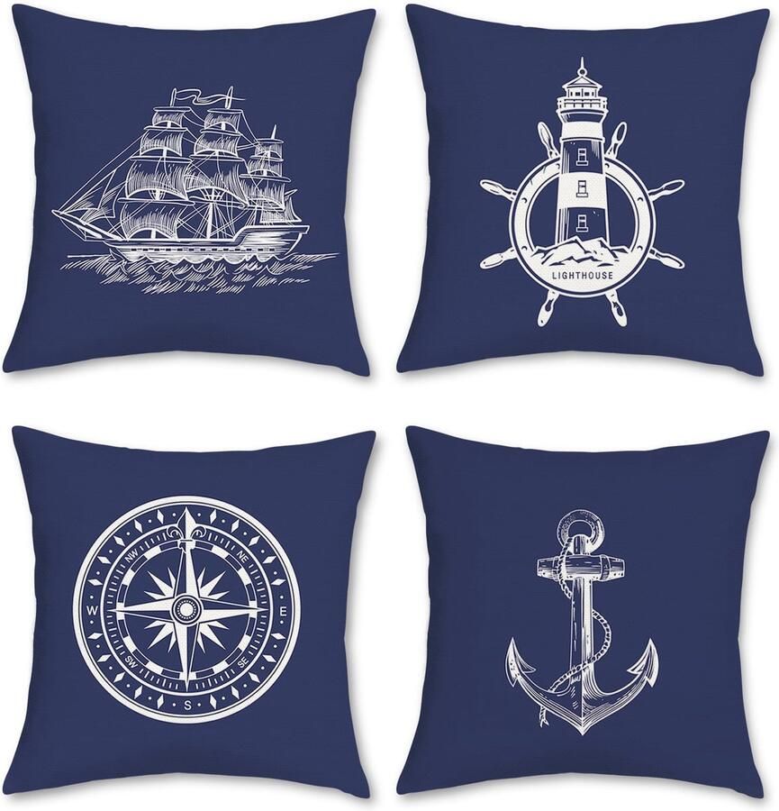Bonhause Set van 4 Nautische Maritieme Kussenhoezen 45 x 45 cm Dubbelzijdig Anker Zeilboot Kompas Polyester Linnen Decoratieve Kussenhoezen voor Bank Woonkamer Woondecoratie