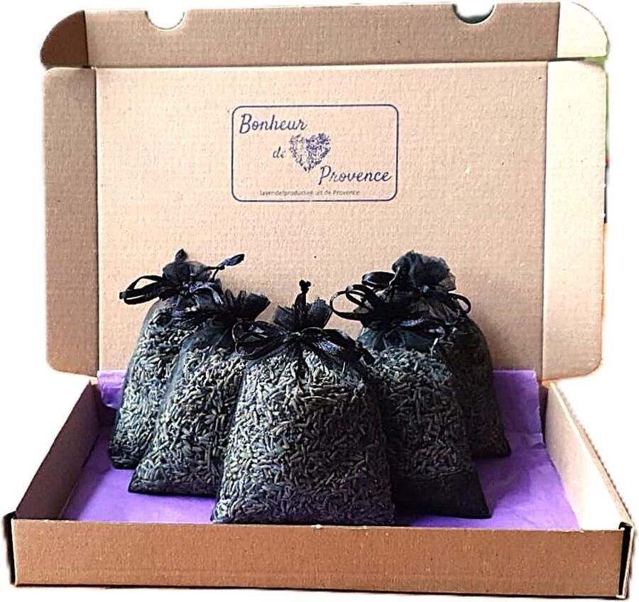 Bonheur de Provence Bonheur de Provence© -lavendel geurzakjes biologische lavendel 5 zwarte organza zakjes in luxe verpakking 12 gram gedroogde lavendel per zakje geurzakjes kledingkast