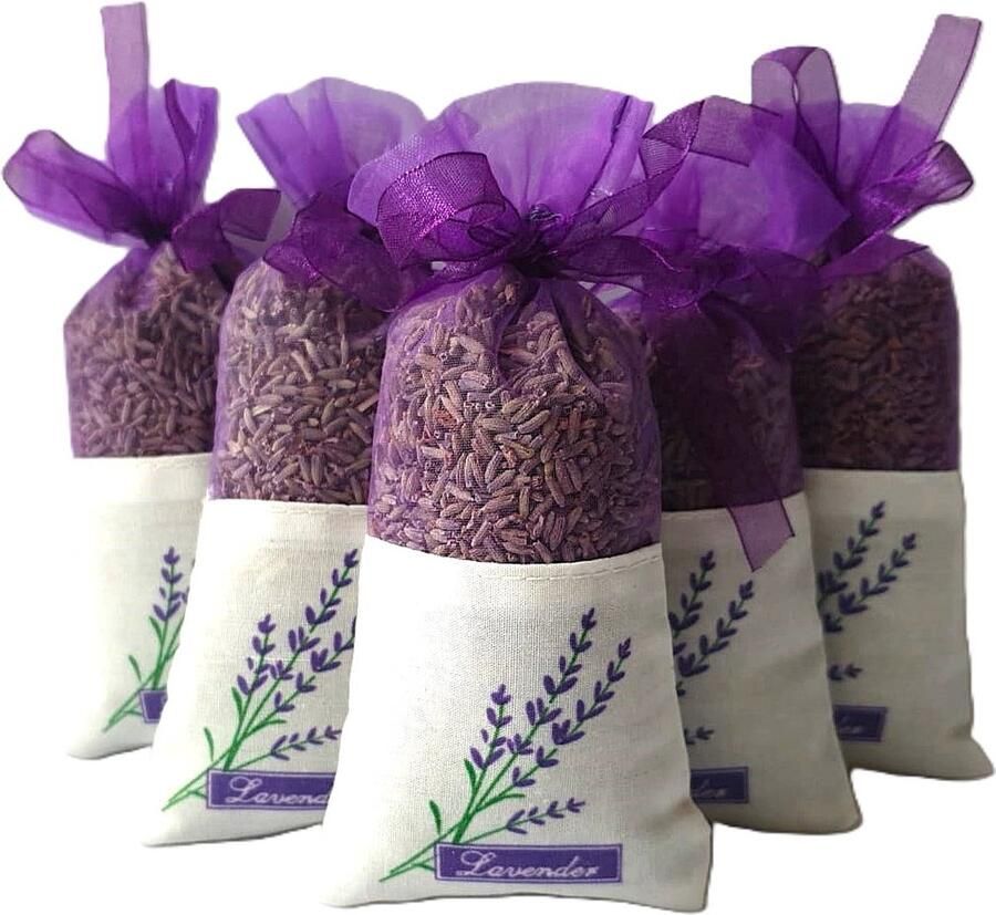 Bonheur de Provence Bonheur de Provence© Lavendel geurzakjes met Biologische lavendel 5 stuks a 20 gram paars linnen organza geurzakjes kledingkast