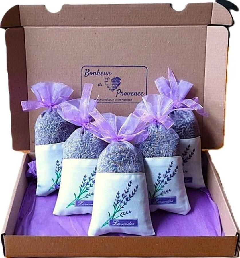 Bonheur de Provence Bonheur de Provence© lavendel geurzakjes met Biologische lavendel 5 heerlijk geurende linnen organza zakjes met 20 gram lavendel lila luxe verpakking geurzakjes kledingkast