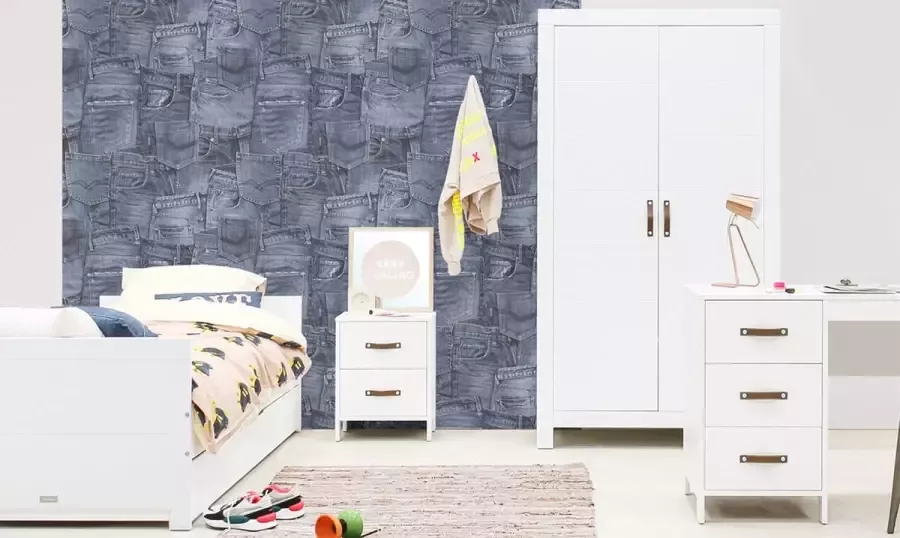 Bopita Kinderkamer Lucca 5-Delig Bed Lattenbodem 2-Deurskast Bureau en nachtkastje Wit Leren Grepen