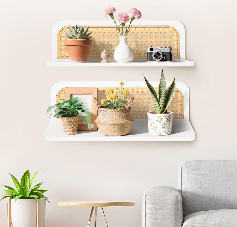 Boraboi Boho-stijl Zwevende Wandplanken van Hout en Rattan met Handgeweven Details voor Kamers