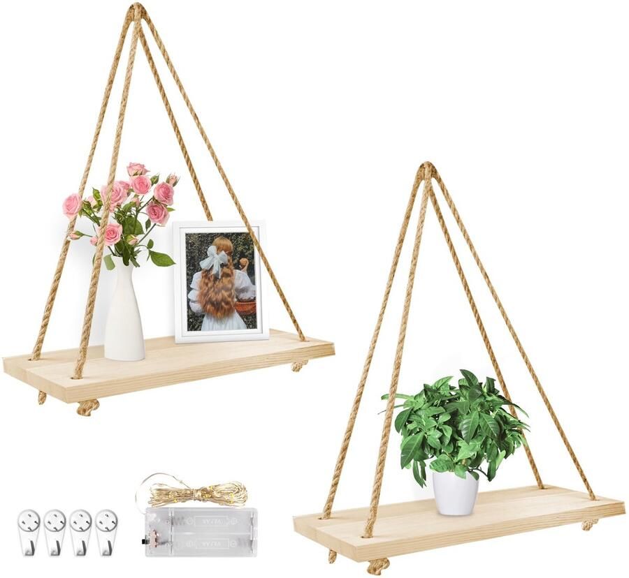Boraboi Boho Wandplanken Set van Hout met Macramé voor Stijlvolle Kamerinrichting
