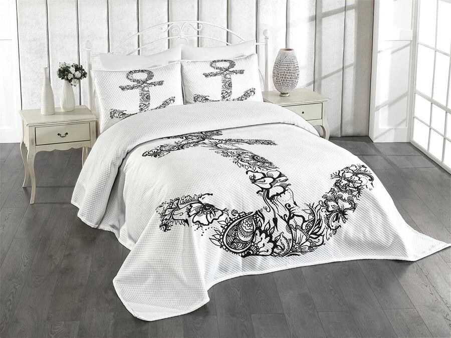 Boraboi Comfortabele zomersprei set met ankermotief voor eenpersoonsbedden wit en zwart 170x220cm