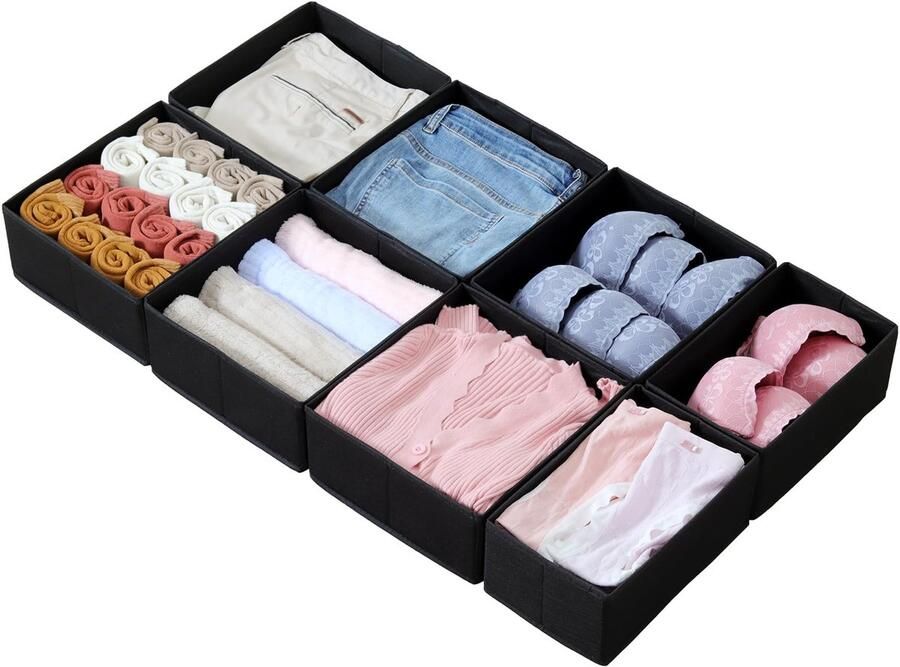 Boraboi Complete Set van 8 Opvouwbare Lade-organizers voor Optimale Kledingkastindeling in Zwart