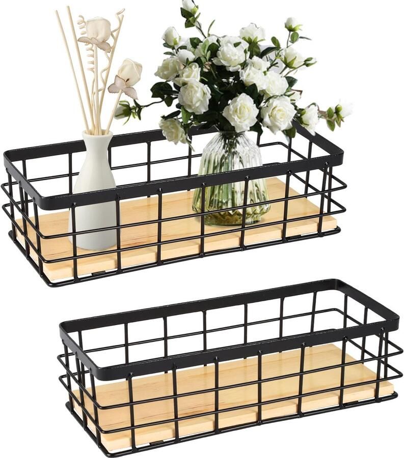 Boraboi Draadmanden Set van 2 Zwarte Metalen Opbergmanden met Houten Basis voor Keuken en Badkamer