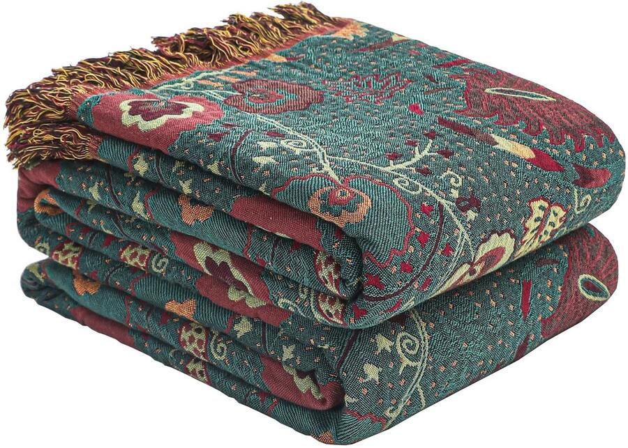 Boraboi Dubbelzijdige Boho Sprei van 100% Katoen voor Bank en Bed Groen 150 x 200 cm