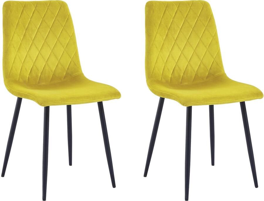 Boraboi Eetkamerstoelen set van 2 in lichtgeel fluweel met zwarte metalen poten en modern design