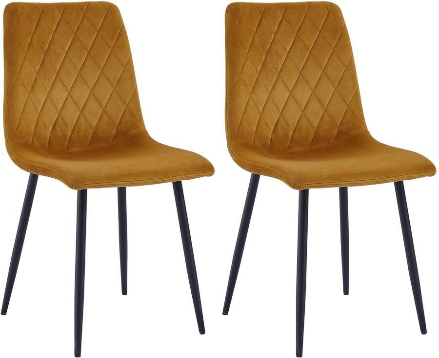 Boraboi Eetkamerstoelen Set van 2 in Okergeel Fluweel met Zwarte Metalen Poten voor Moderne Interieurs