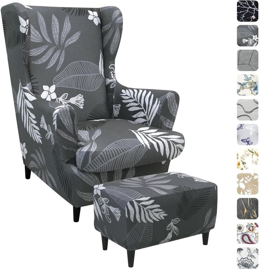 Boraboi Elastische 3-delige Stoelhoes Set met Voetenbankhoes voor Verschillende Stoelen in Grijze Bladprint