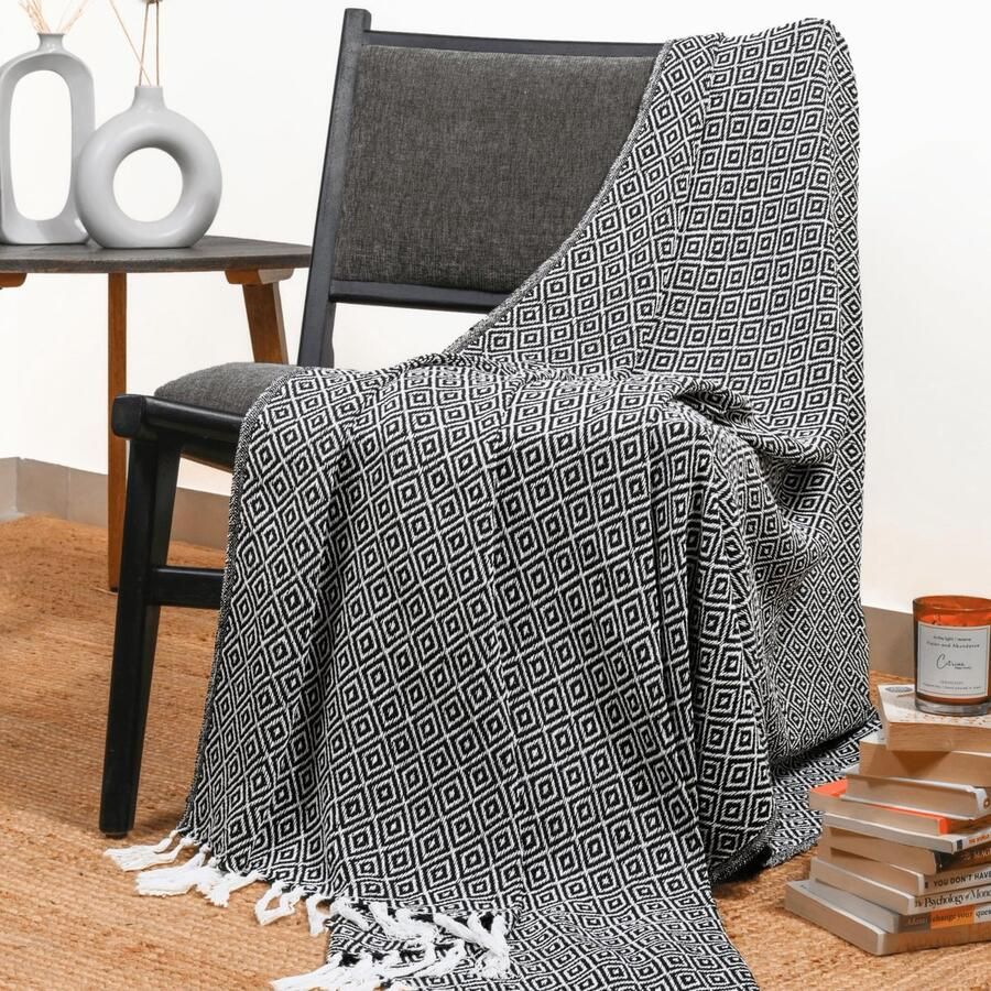 Ibenzoa Luxueuze Handgeweven Zwarte Sprei van 100% Katoen met Elegant Diamantpatroon voor Bank en Bed