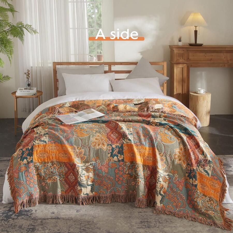 Boraboi Extra Grote Boho Katoenen Deken met Omkeerbaar Design voor Bank en Bed 230 x 250 cm Oranje