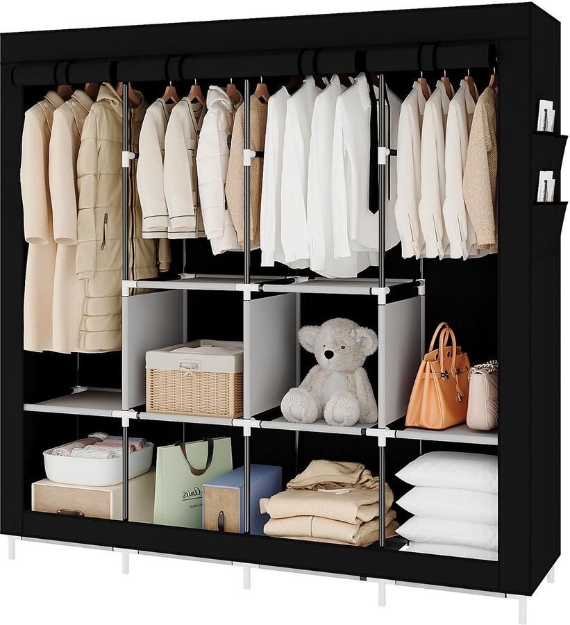 Boraboi Extra Grote Vrijstaande Kledingkast met Multifunctioneel Opbergsysteem in Zwart voor Slaapkamer