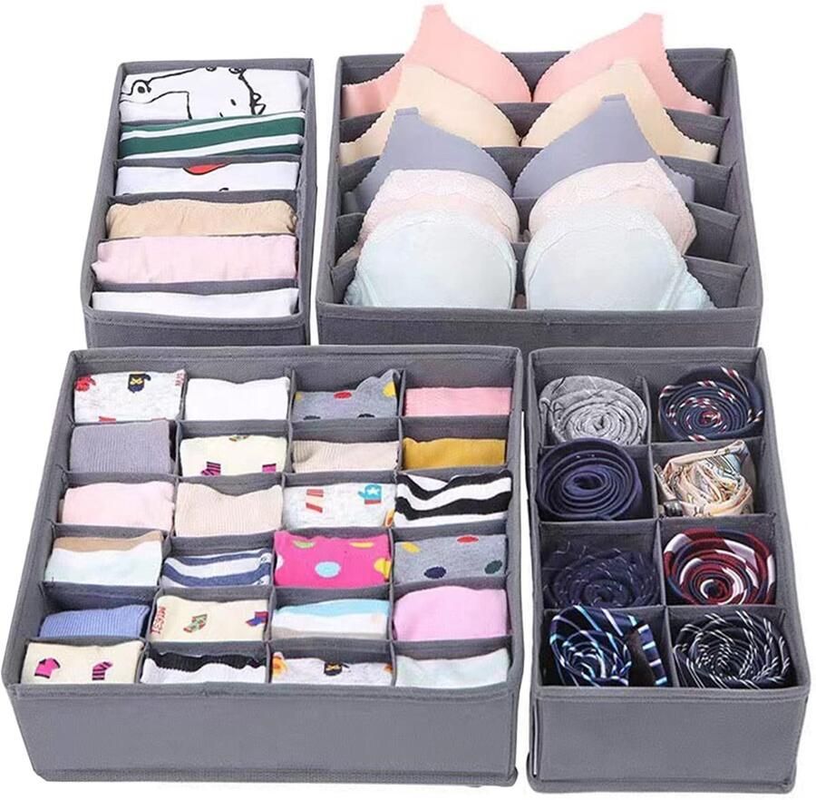 Boraboi Faltbare Opbergdozen Set voor Ondergoed en Accessoires – 4 Stuks voor Ladeorganisatie in Donkergrijs
