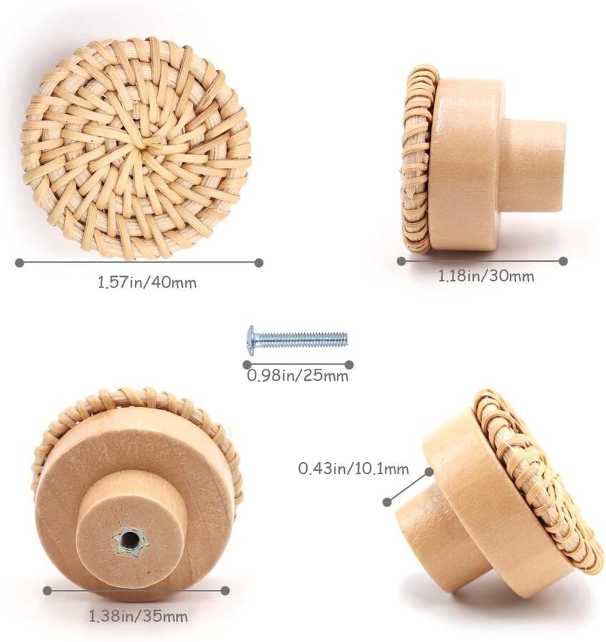 Boraboi Handgeweven Rotan en Houten Meubelknoppen voor Vintage en Bohemian Stijl Set van 5 Stuks