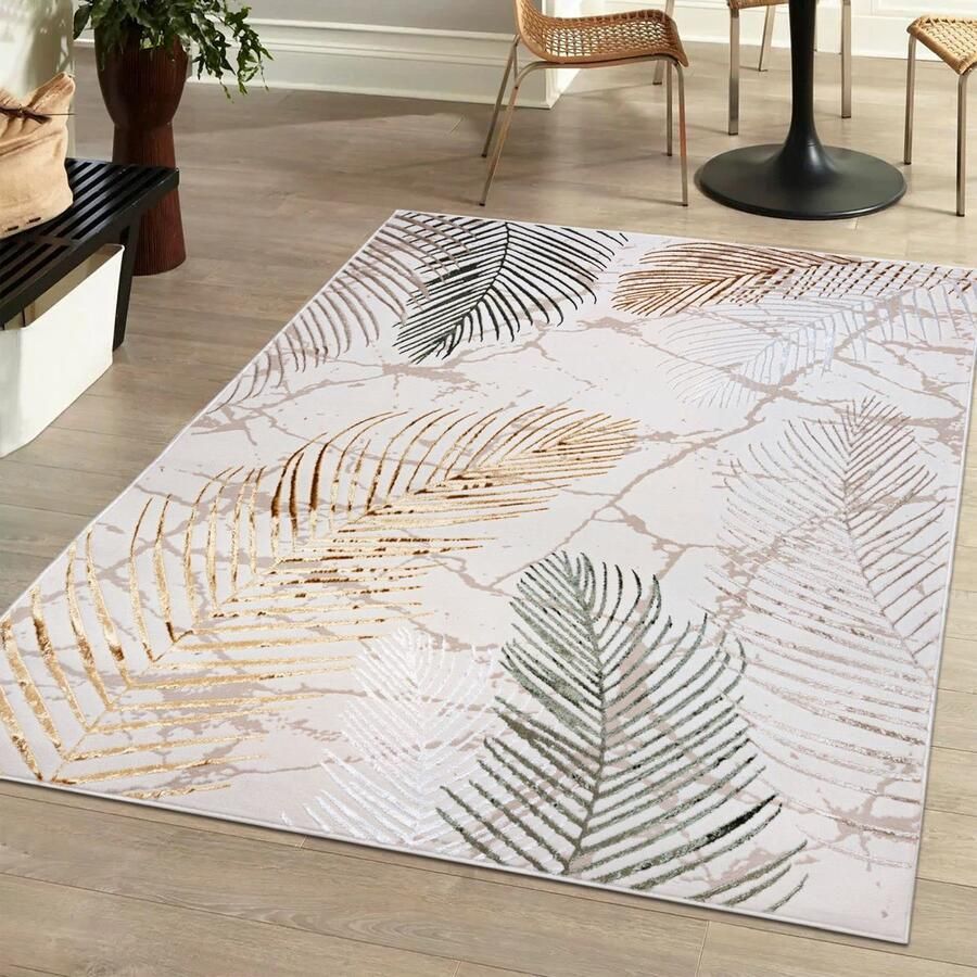 Boraboi Luxueus Laagpolig Vloerkleed met Abstract Design in Beige Crème en Goud voor Woonkamer 120 x 170 cm