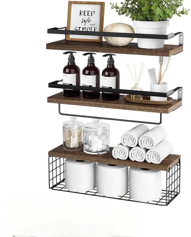 Boraboi Moderne Houten Wandplank Set met Drie Roestvrije Zwevende Planken voor Extra Opslag in Huis