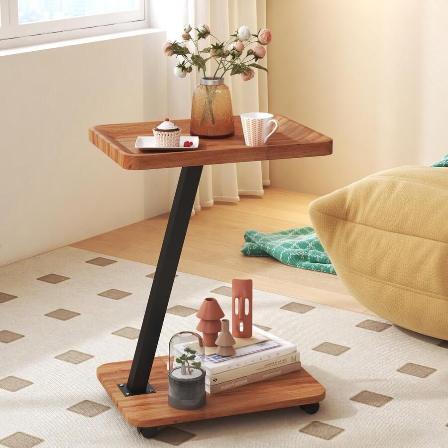 Boraboi Moderne Multifunctionele Bijzettafel met Wieltjes en Dubbele Opbergruimte in Walnootkleur