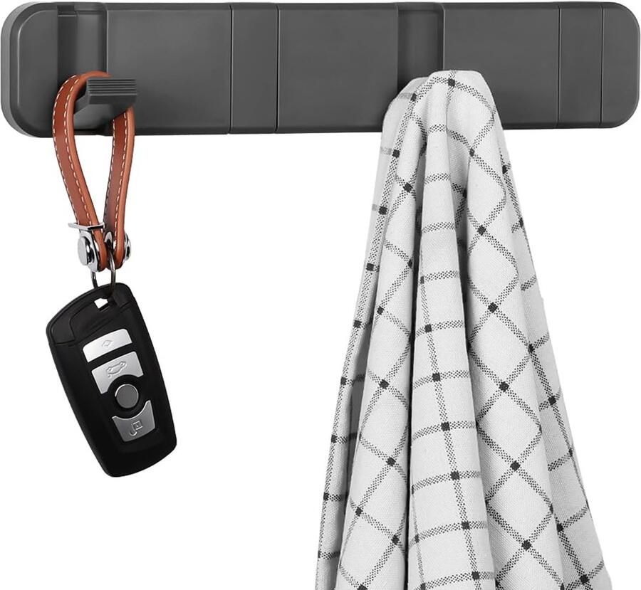 Boraboi Moderne ruimtebesparende kapstok met 4 opklapbare garderobehaken voor wandmontage in grijs