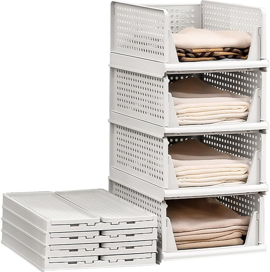 Boraboi Multifunctionele opvouwbare en stapelbare kastorganizer voor ruimtes in huis set van 4 stuks wit
