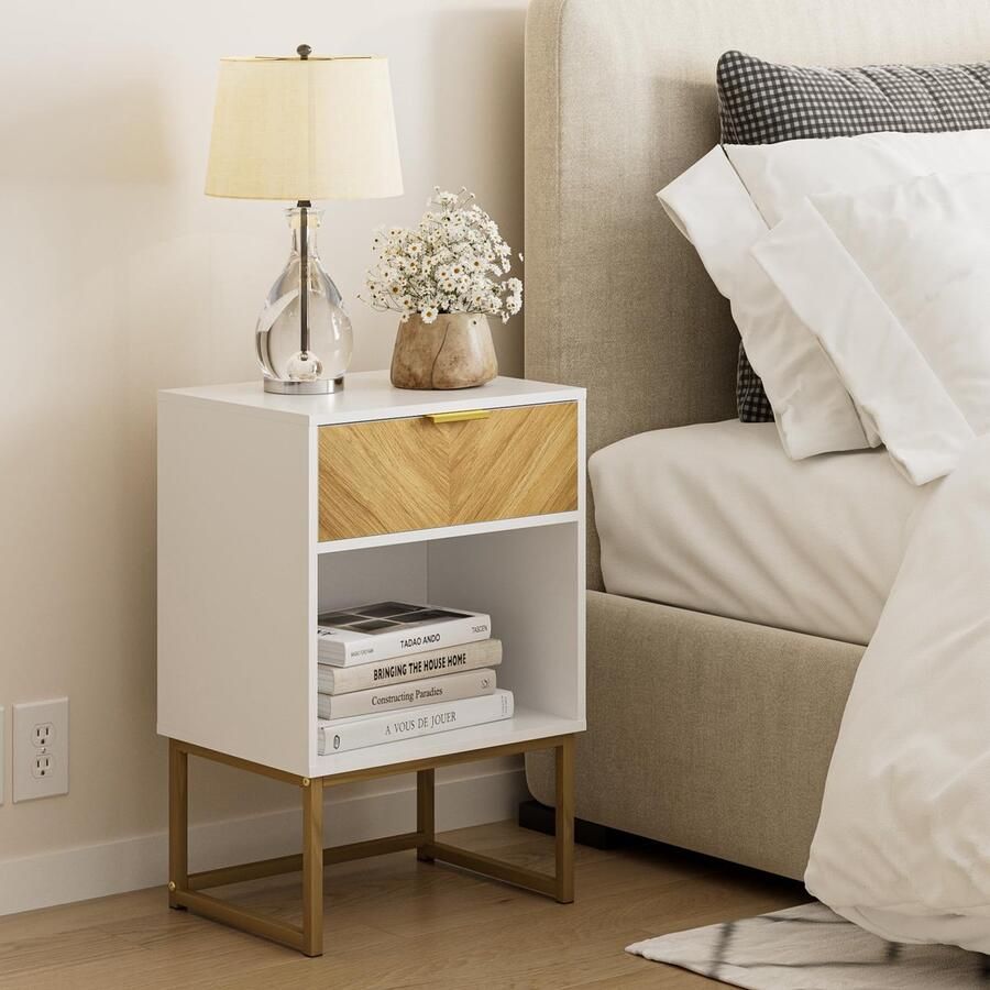 Boraboi Nachtkastje en Bijzettafel met Eiken Lade voor Slaapkamer en Woonkamer Houten Eindtafel