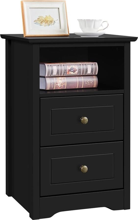 Boraboi Nachtkastje met Twee Laden en Open Plank voor Slaapkamer en Woonkamer in Zwart Design