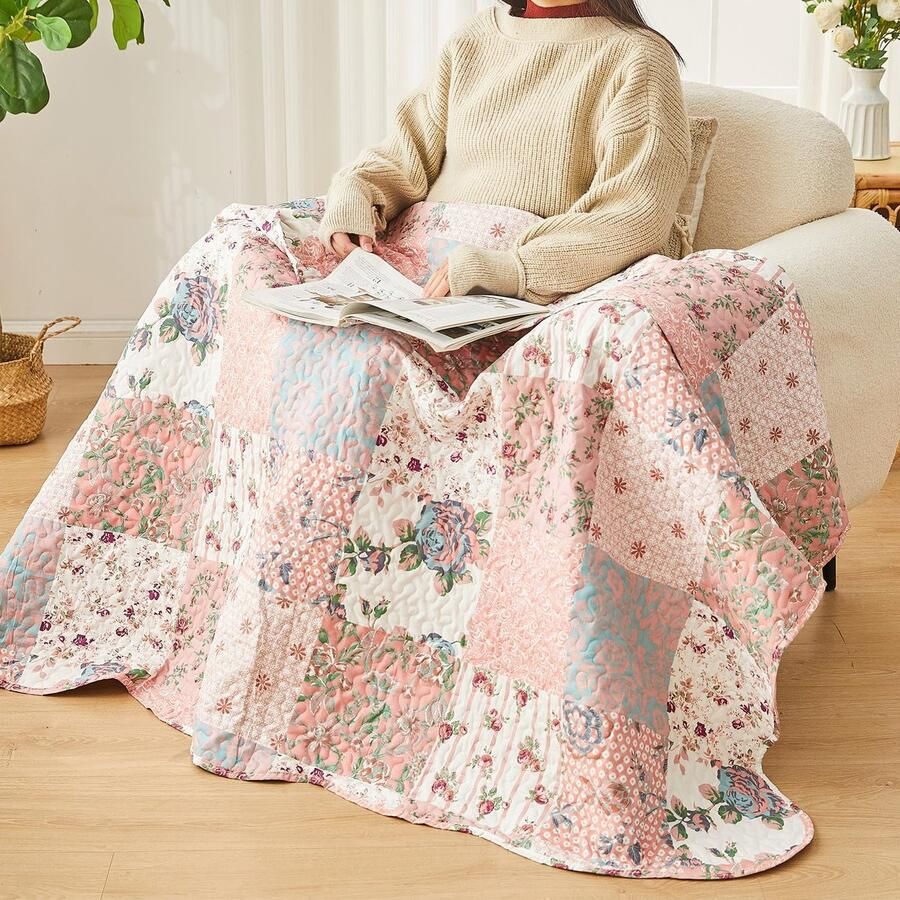 Boraboi Romantische patchwork sprei roze bloemenmotief voor bed en bank 150x200 cm-roze