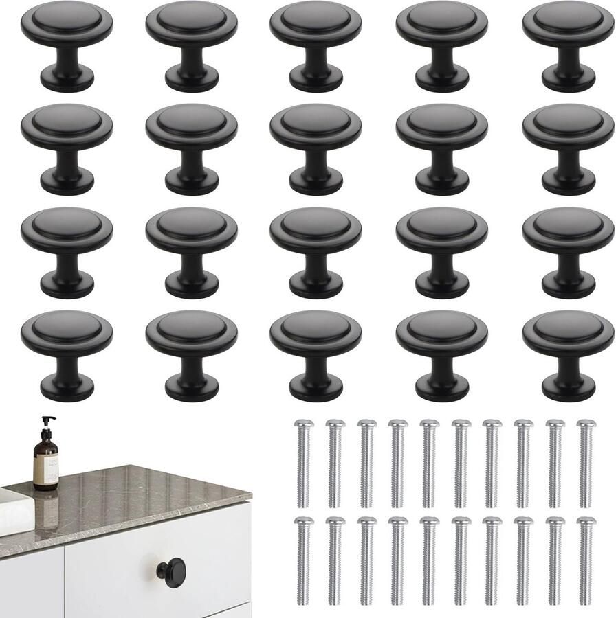 Boraboi Ronde zwarte meubelknoppen set van 20 stuks met matte afwerking voor veelzijdige toepassingen