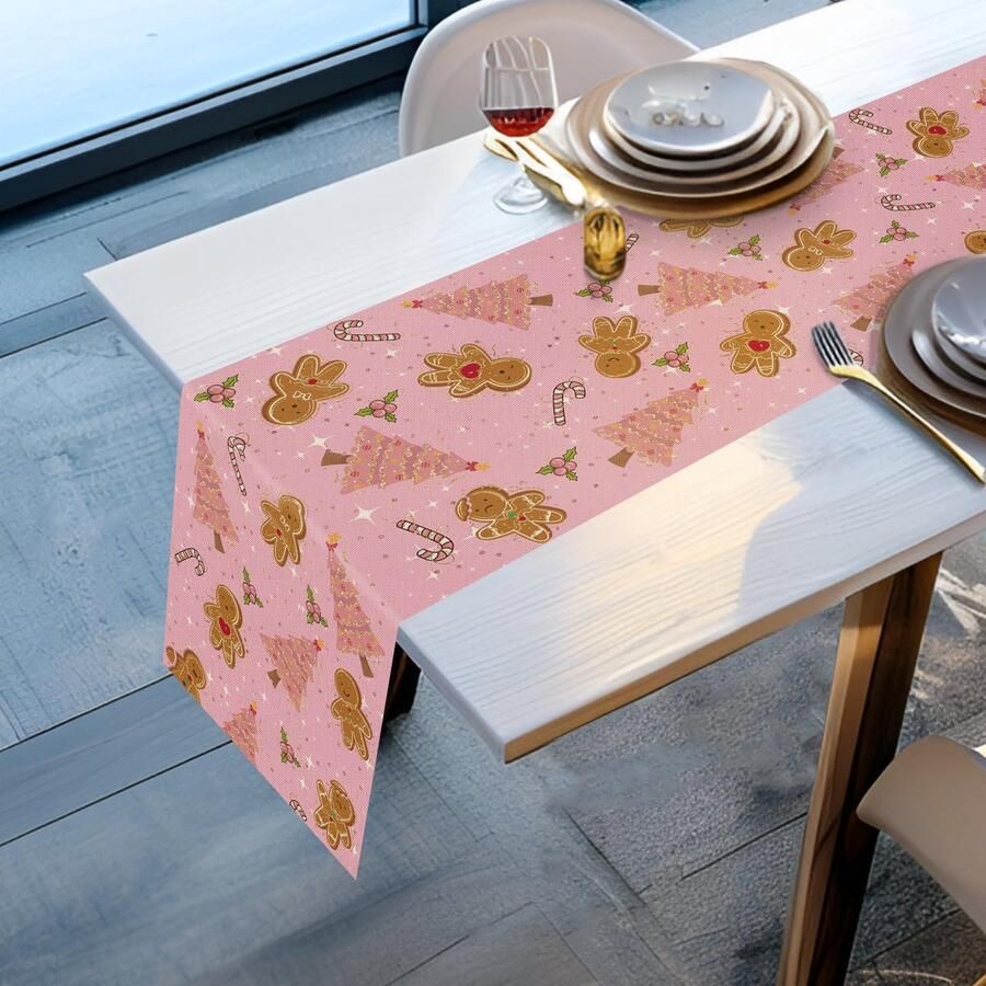 Boraboi Roze kersttafelloper met peperkoekmotief voor feestelijke tafeldecoratie